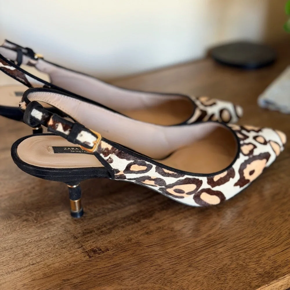 Zara Woman Slingback Heels Womens 38 Leopard Print Calf Hair Kitten Heel Pointed